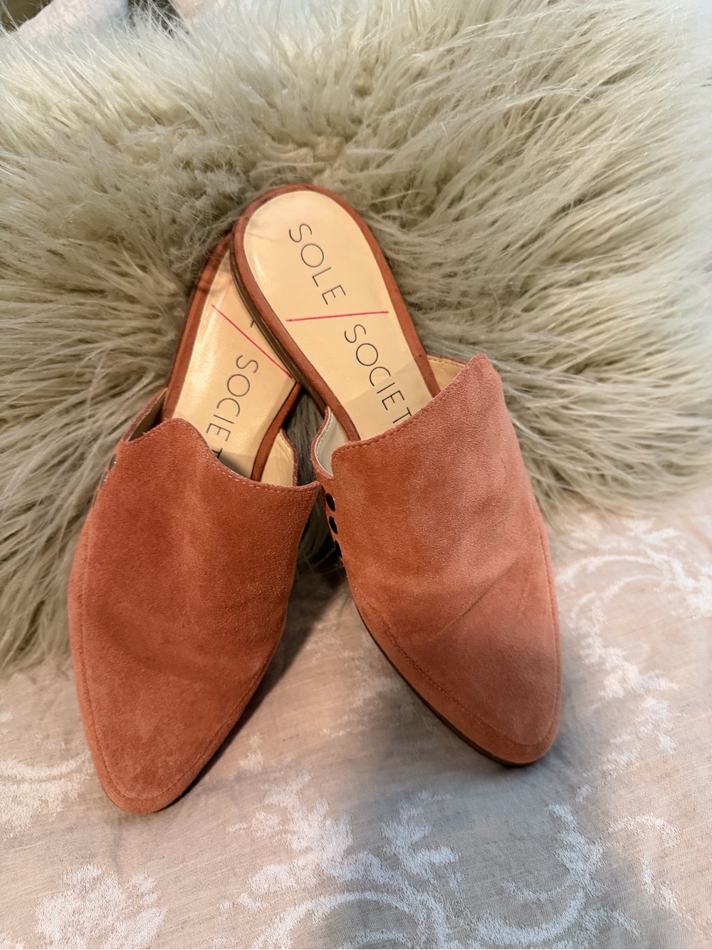 Sole Society Suede Pointed-Toe Mules, Coral, Size 9.5 - Picture 1 of 12